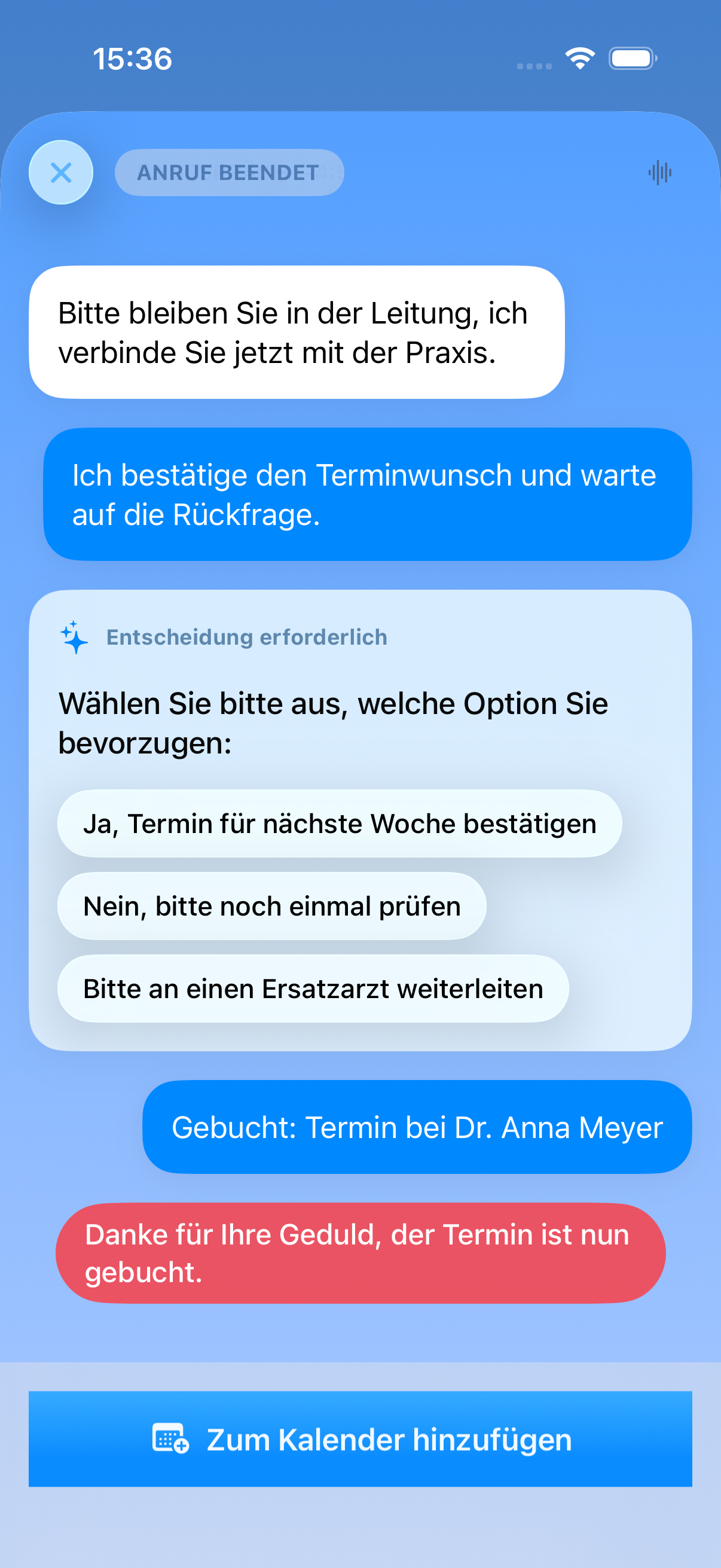Anrufangst App mit KI-Rückfrage und Auswahloptionen
